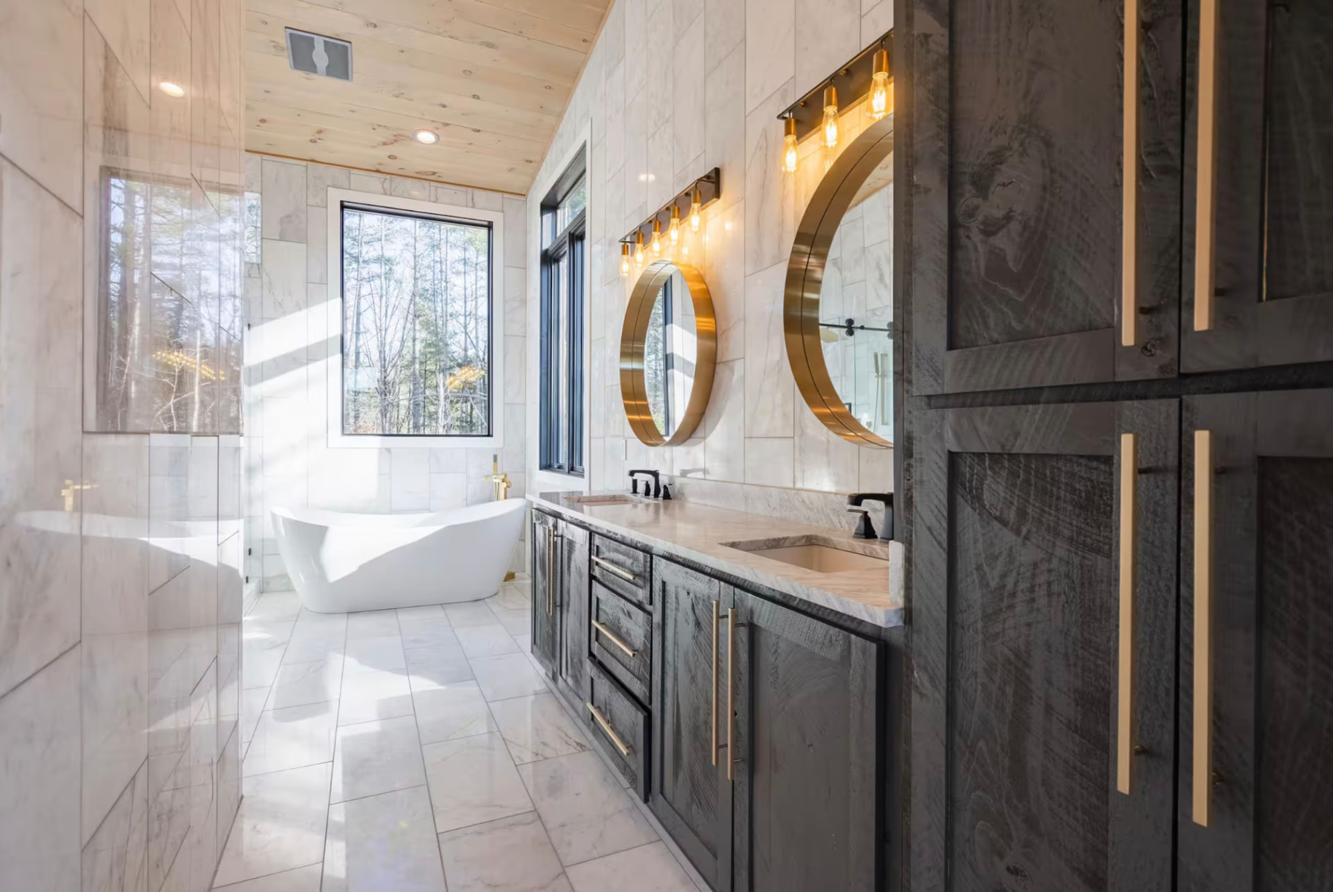 Marble bathroom with freestanding soaking tub