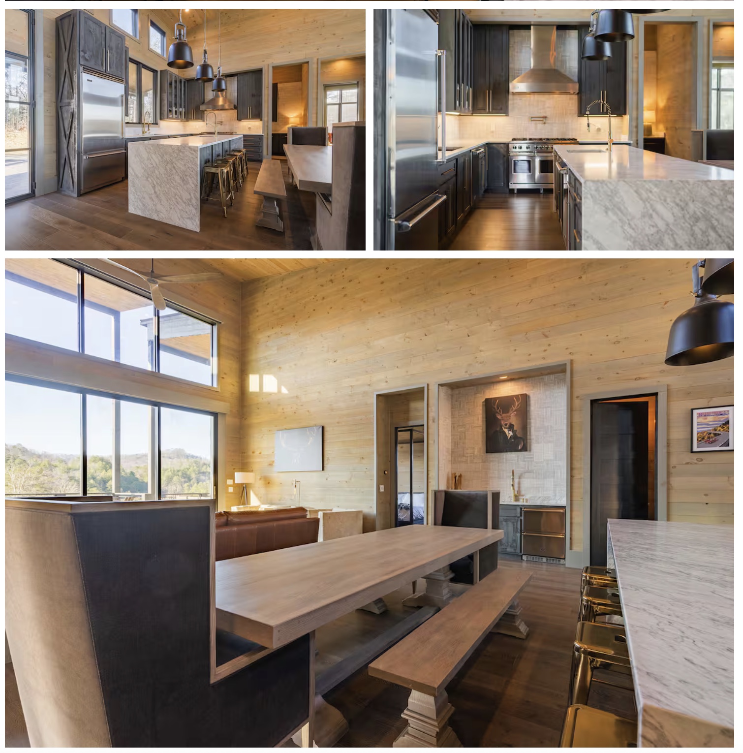 Kitchen with marble island and long dining table